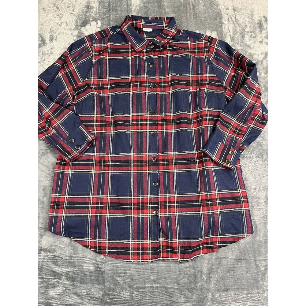 LuLaRoe Abigail Flannel Shirt 3XL Plaid Navy Red White Pockets Shacket Tunic